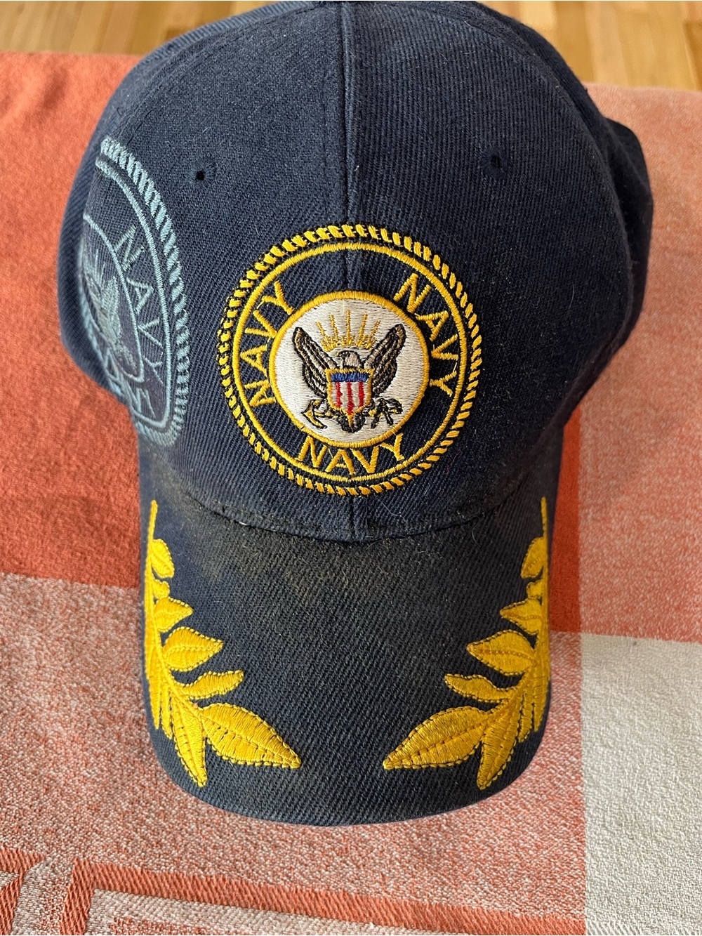 Navy Embroidered Baseball Cap - Navy Blue with Gold Accents